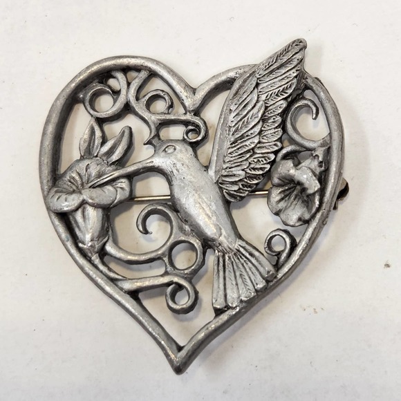 Spoon Vintage Pewter Heart Hummingbird Brooch Pin Floral Open Work Silver Tone - Picture 1 of 6